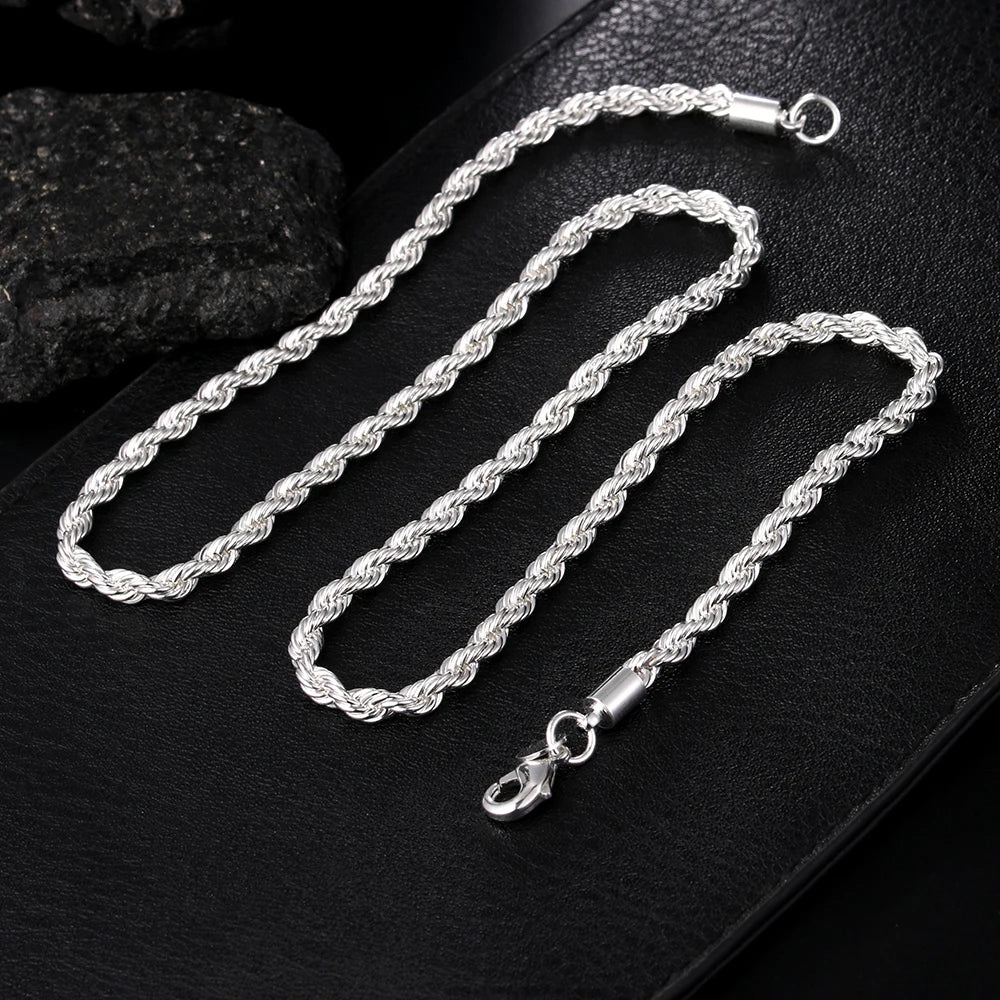 High Quality 925 Silver 4MM Women Men Chain Male Twisted Rope Necklace Bracelets Fashion Silver Jewelry Set