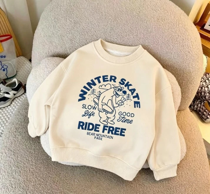 Kids Minimalist Bear Print Crew Neck Sweatshirt Soft Cotton Tops For Boys And Girls All Season Clothing Little Kid Costume Tops