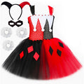 Kids Clown Costume for Girls Red & Black Joker Tulle Tutu Dress Outfits Toddler Girls Halloween Carnival Party Dress Up Clothes
