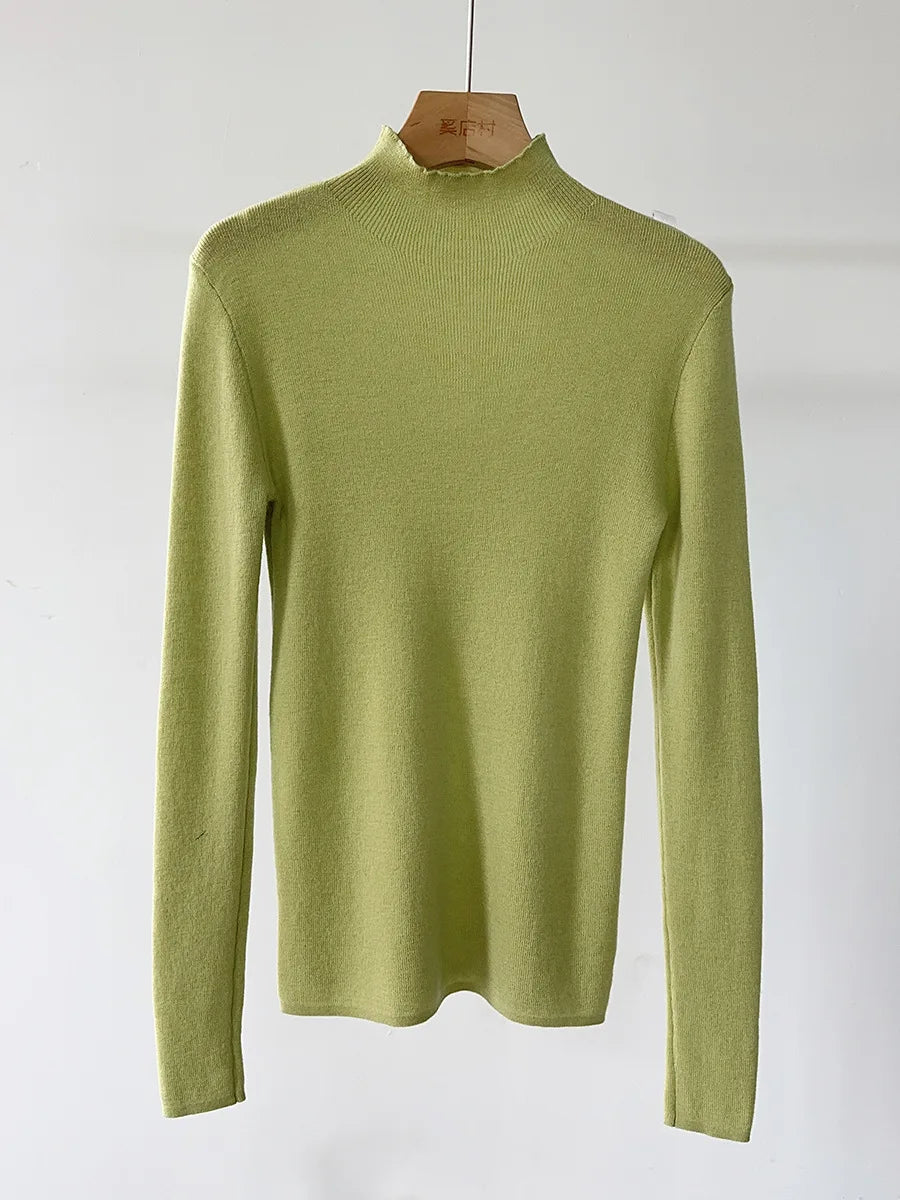 BirdTree, 100% Wool Slim Thin Sweater, Women Long Sleeve Mock Neck, Seamless Bottom High Elastic Top, 2025 Winter Fall T46985QM