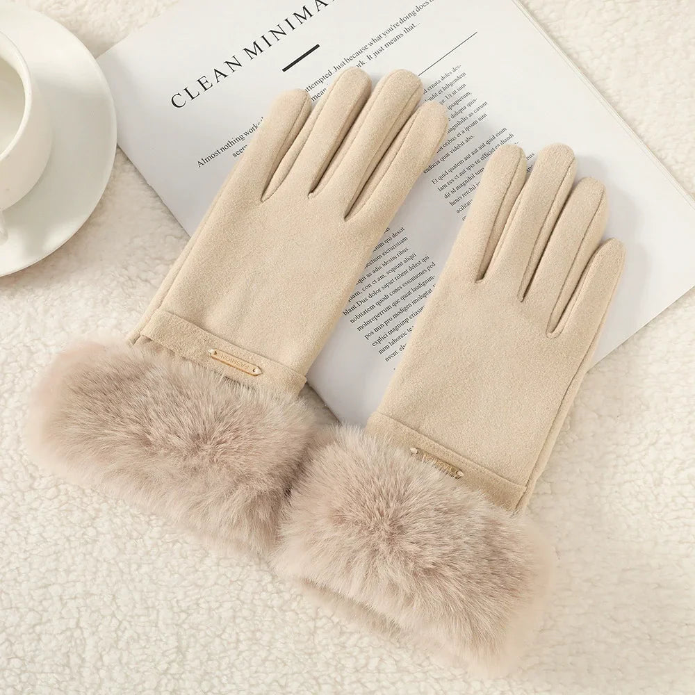 Winter Women Keep Warm Plus Velvet Touch Screen Thicken Plush Wrist Suede Gloves Fashion Personality Elegant Drive Cycling