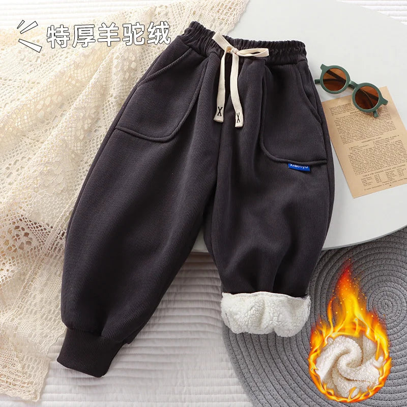 Kids Paded Pants Boys Girl Plus Velvet Thick Warm Trousers Autumn Winter Cotton Outer Wear Sport Casual Pants Children Clothes
