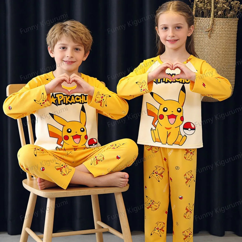 Cartoon Pijamas for Kids 3 to 5 7 9 11 13 Years Clothing Sets Boys Home Wear Girls Full Sleeve Pikachu Pajamas Teen Loungewear