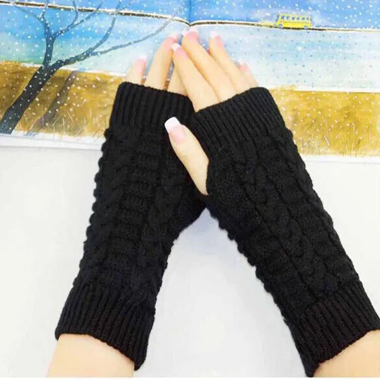 Winter Fingerless Gloves for Women, Computer Short Warm and Extended Korean Style Half-Finger Knitted Flat Gloves