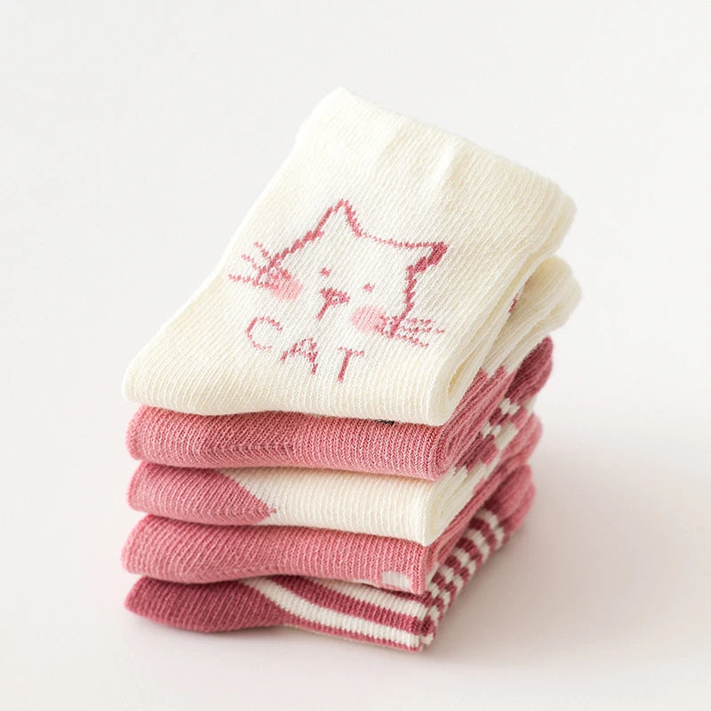 5Pair Cartoon Kids Socks Pink Cat Princess Girl Sock Cotton Keep Warm Winter Middle Tube Socks Baby Footwear Children Sokken Sox