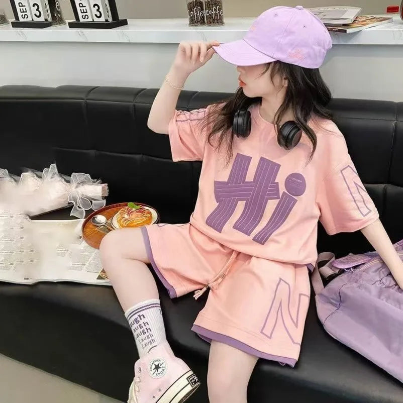 Girls T-Shirts Sets Clothes Kids Short Sleeve Tops+Shorts 2Pcs Children Clothes Suits Teen Loose Casual 2025 Outfits 5-14 Years