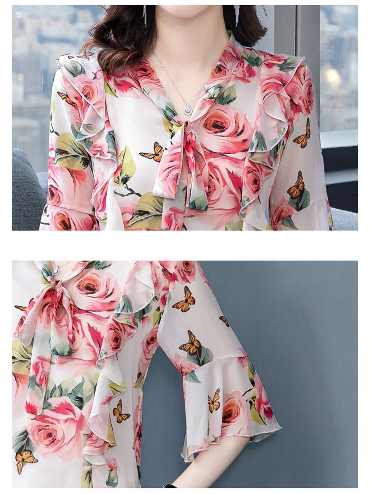 Tops for Women Dressy Casual,Ruffle Sleeve Blouses Floral Shirts,V Neck Summer Fashion Clothes