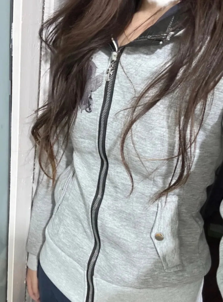 Y2k Aesthetic Vintage Printing Pocket Hoodies Gothic Fairy Grunge Hooded Jackets Autumn Women Double Zippers Punk Sweatshirt