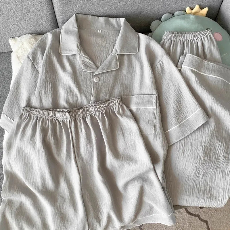 Men's Summer Short-Sleeve Pajamas: Simple, Solid-Color, High-Quality, Outerwear-Style 3-Piece Set; Youth Spring/Summer Pajamas