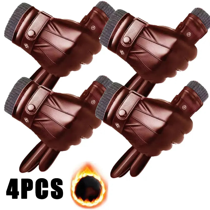 Winter Gloves for Men Genuine Leather Gloves Warm Plus Velvet Touch Screen Gloves Outdoor Cycling Driving Motorcycle PU Gloves