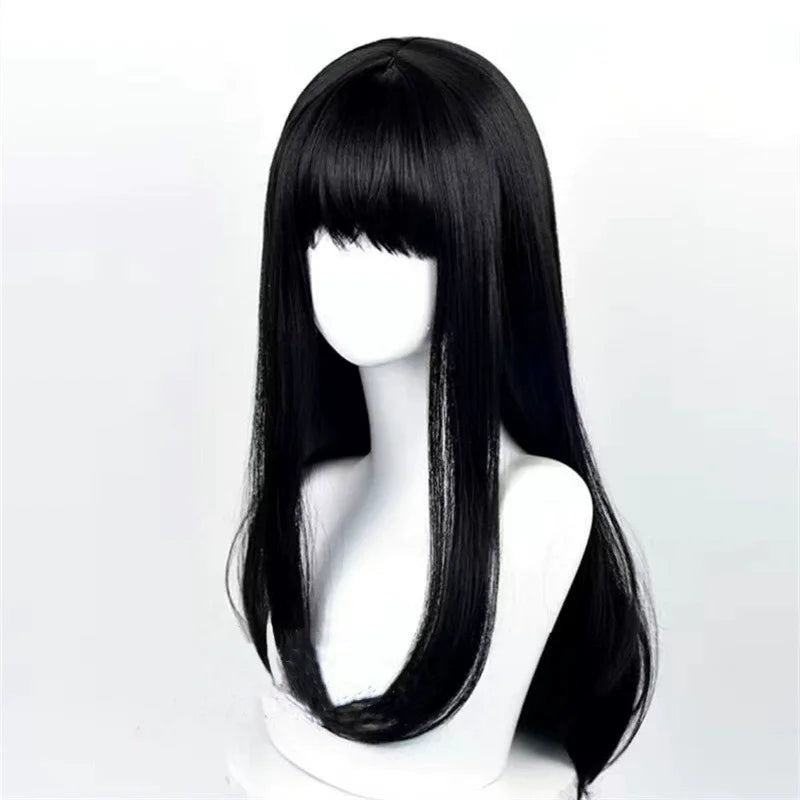 Women's Cosplay Black Long Straight Hair Wig Synthetic Full Coverage Breathable Cartoon Character Wig for All Seasons