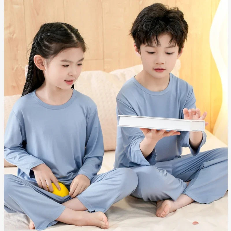 Pajamas Set for Kids Spring Summer Thin Long Sleeve Casual O-neck Children Sleepwear Two Pieces Modal Cotton Boys Girls Homewear