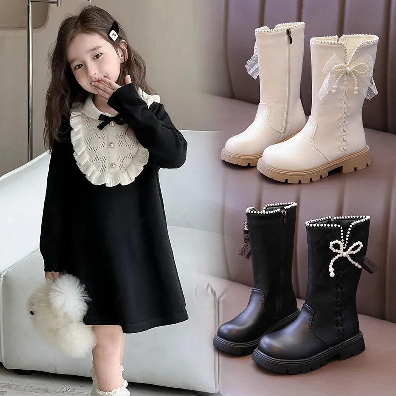 Girls Fashion Padded High Boots 3-18 Years Old Beige Bow Children's Cotton Shoes Versatile Non-slip Girls Short Leather Boots