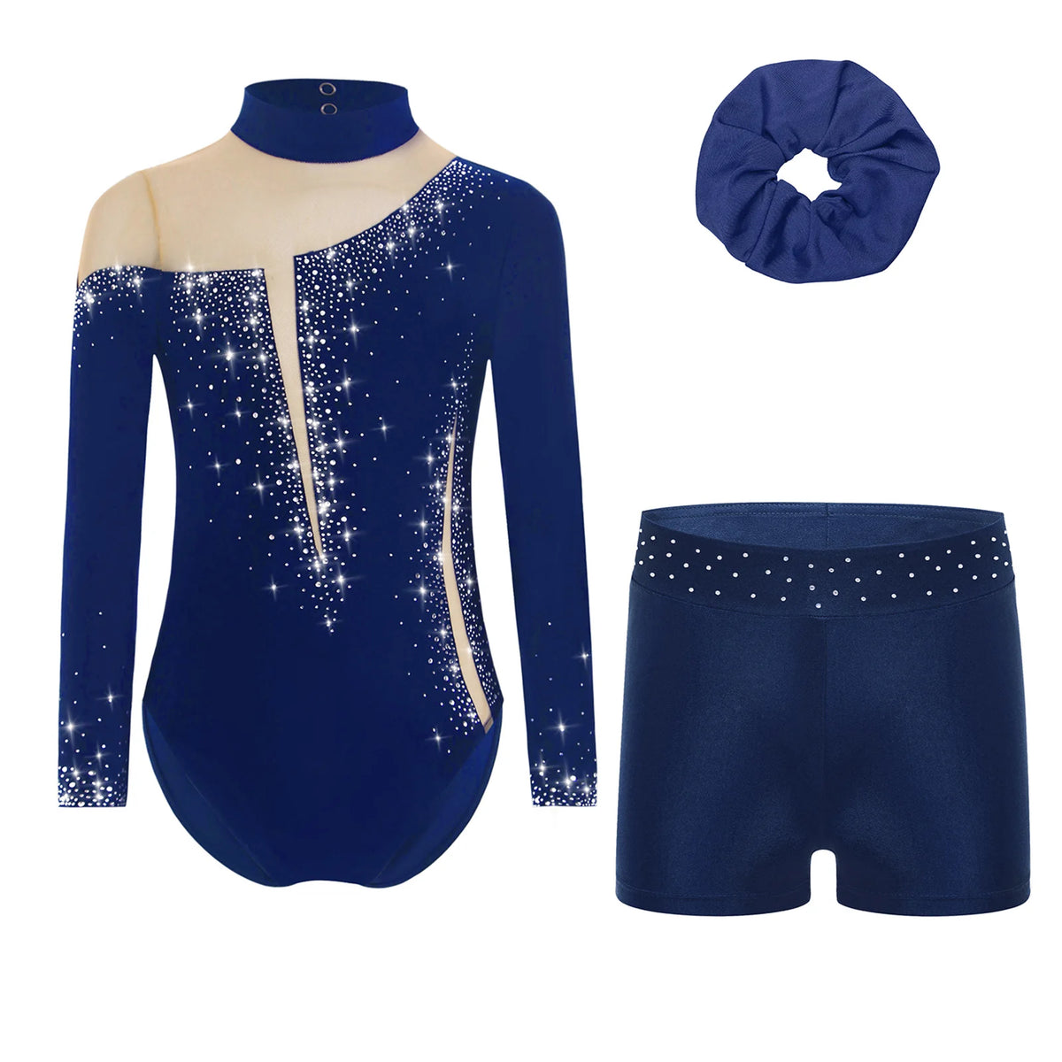 Kids Girls Ballet Dance Leotard With Body Shorts Hair Band Long Sleeve Workout Outfits Gymnastics Jersey Bodysuit Clothes