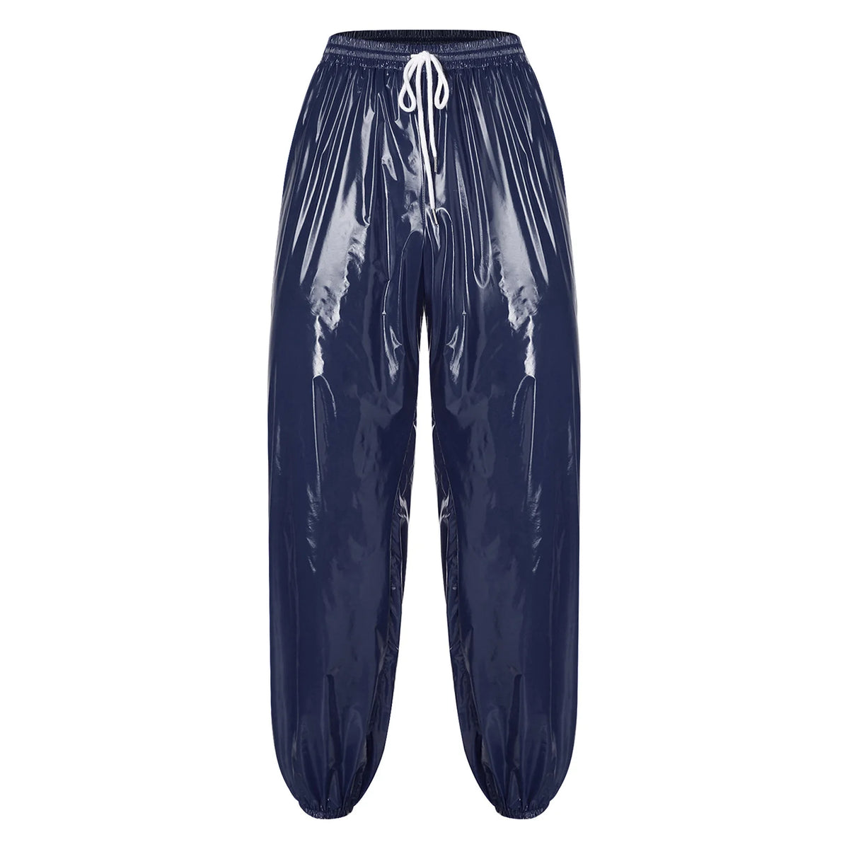 Mens Shiny Waterproof Jogging Pants Y2K Drawstring Waistband Side Pockets Trousers Track Baggy Glossy Pants Hip Hop Trousers