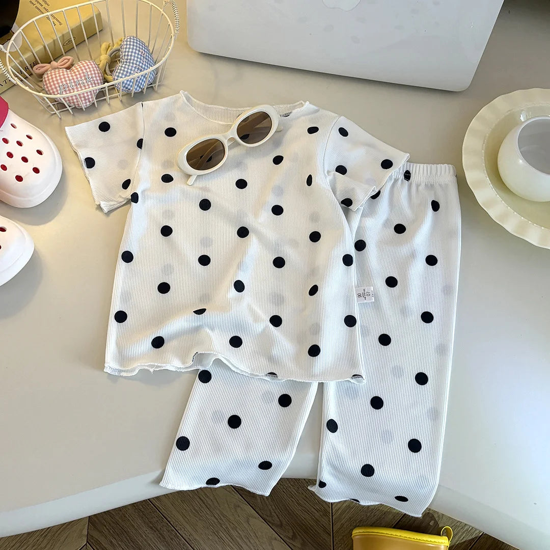 Kids Summer Striped Polka Dot Pajamas Set Baby Girls Short Sleeve Tops+Pants 2PCS  Soft Breathable Loungewear Clothes Set