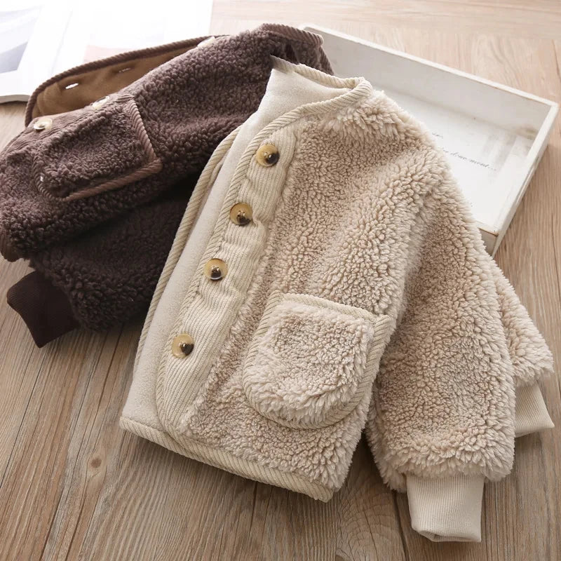 2026Korean Boys Fall Winter Clothes For Girls Velvet Loose Lamb Velvet Warm Children's Jacket Coat For Girls 0-5-year-old
