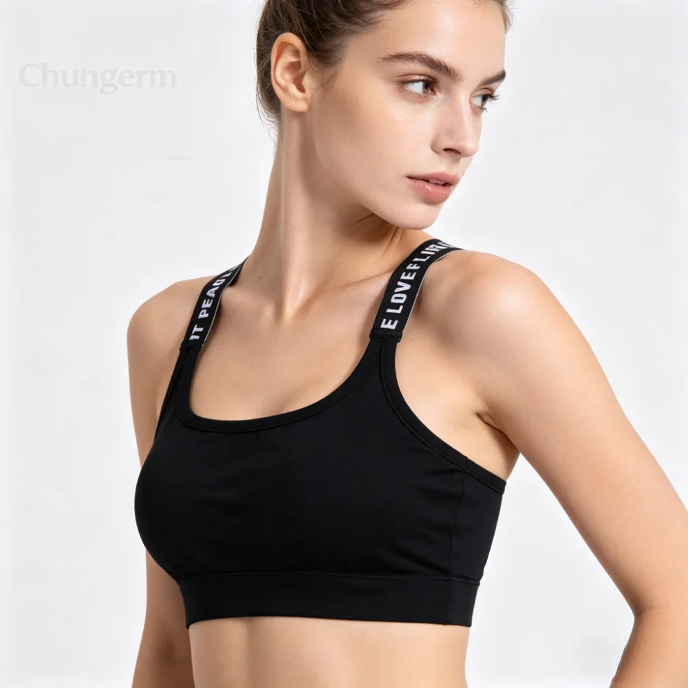 Sports Underwear Women Yoga Fitness Seamless Crop Top Wide Letter Straps Comfortable Workout Activewear Back Without Underwire