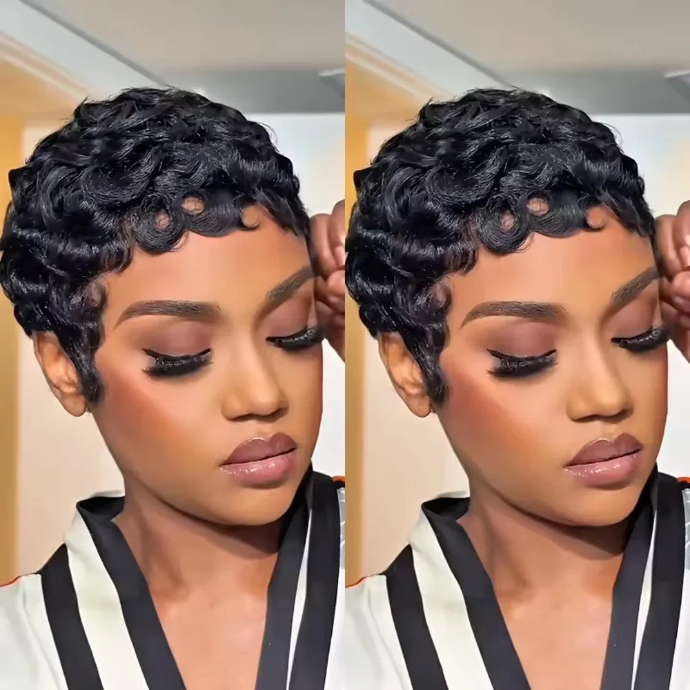 Women's Human Hair Pixie Cut Wig Full Machine Made - Short Layered Curly with Bangs, Natural Black 250% Density