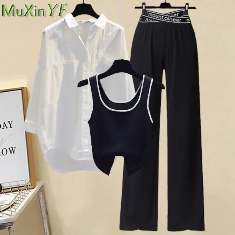 Spring Summer Casual Women Clothing 2024 Lady Loose Shirt Vest Tops Cross Letter Waist Black Straight Trousers 3 Pcs Set Outfits
