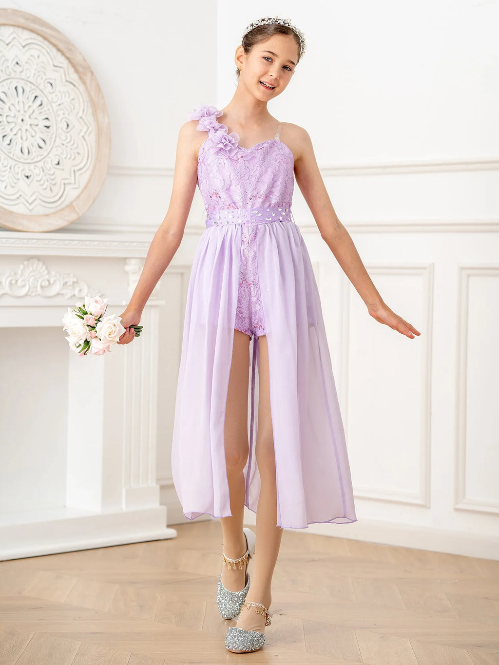 Kids Girls Elegant Party Dress Shiny Sequin Beaded Applique Lace Chiffon Jumpsuit Dress for Wedding Birthday Prom Pageant Evenig