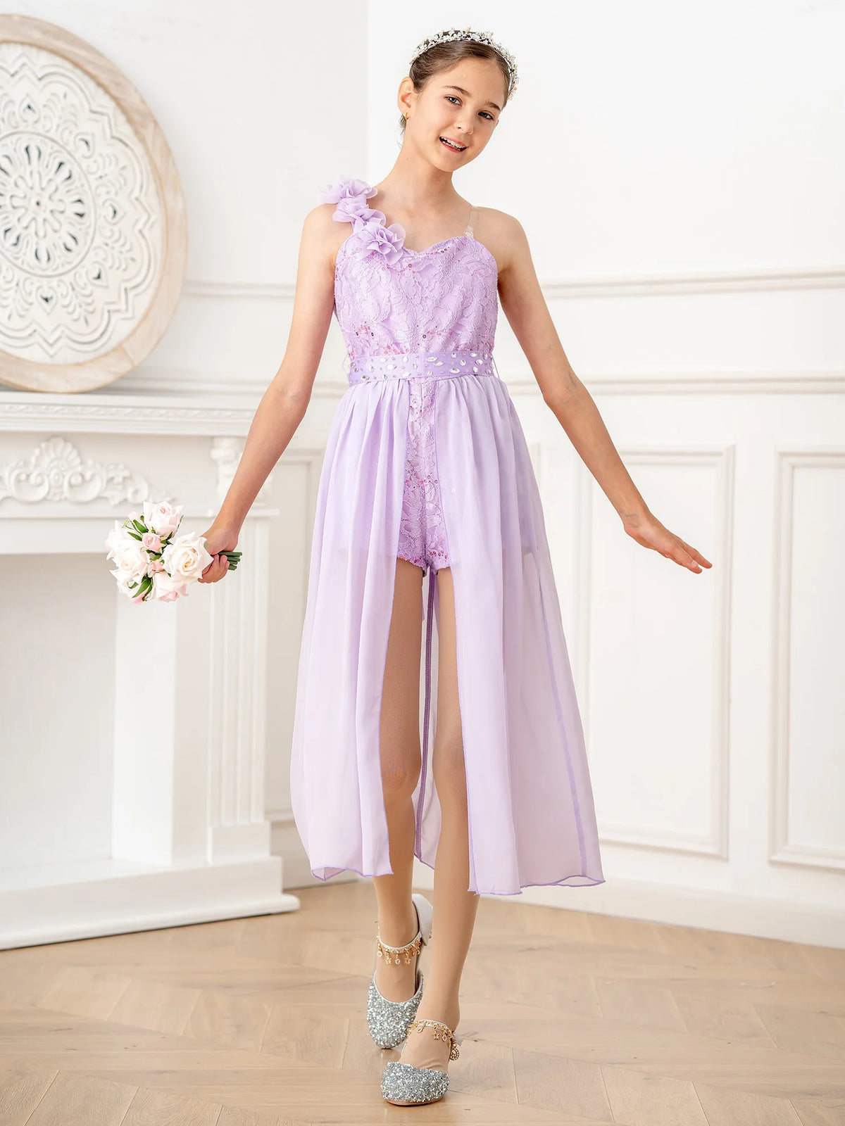 Kids Girls Elegant Party Dress Shiny Sequin Beaded Applique Lace Chiffon Jumpsuit Dress for Wedding Birthday Prom Pageant Evenig