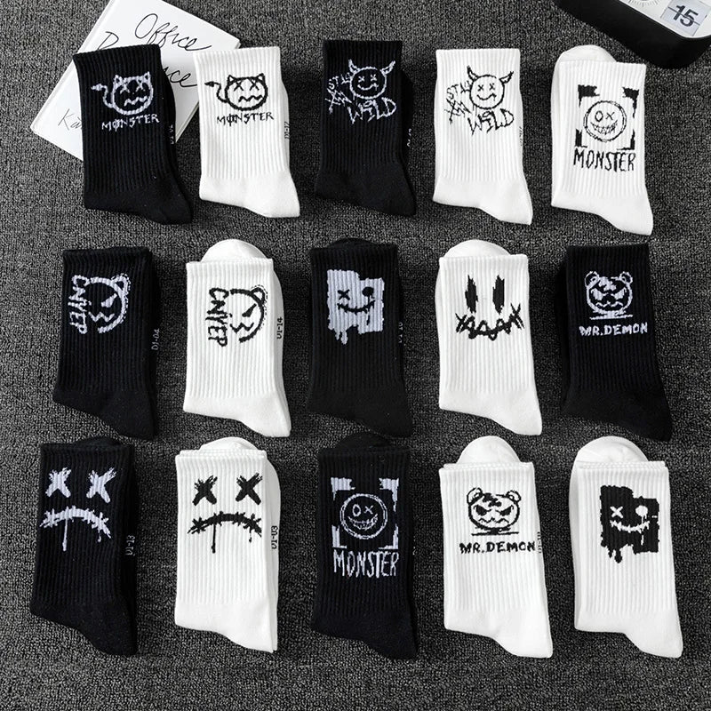 10 Pairs of Men Mid-Length Socks with Graffiti Funny Faces Unique Street Trends Moisture Wicking and Sweat Wicking