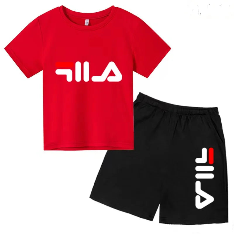 Kids Gift Sports Short-Sleeved Round Neck Black Letters Fashion White T-shirt+Shorts Summer Boy Girl Casual Outdoor Jogging Suit