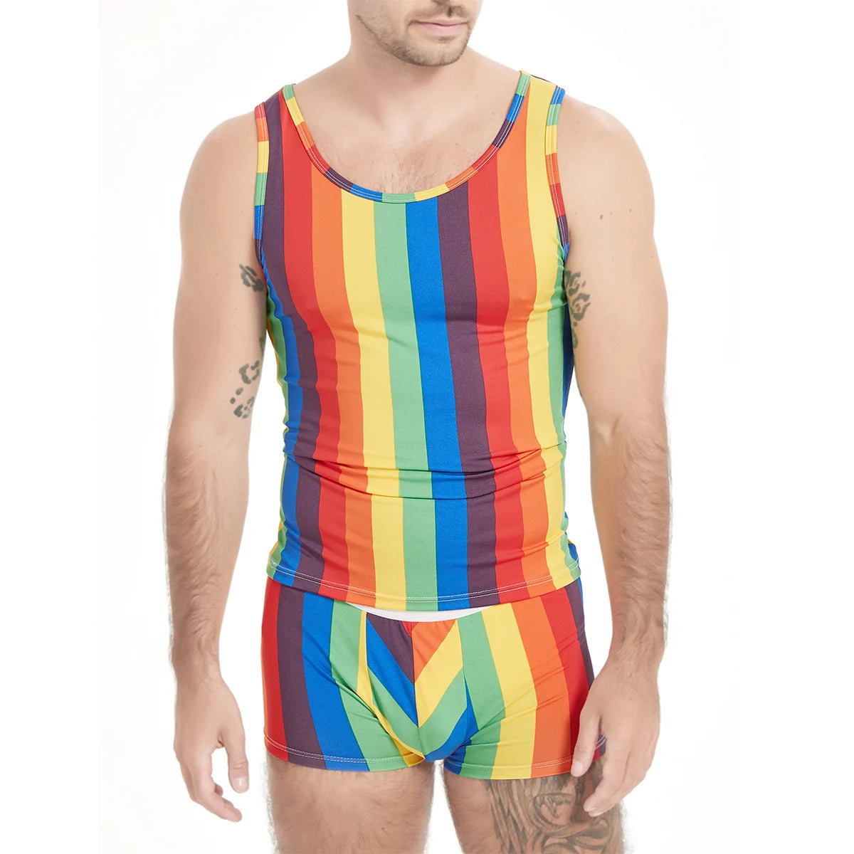2-Piece Men's Rainbow Striped Pajamas Suit Sleeveless Sports And Fitness Vest In Summer And Tight Sexy Shorts Suit At Home.