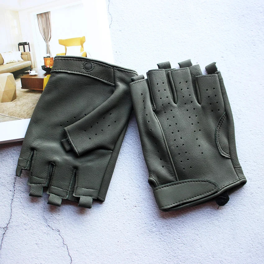 Men's Summer Driving Gloves Goat Leather Half Finger Thin Outdoor Sports Fashion Military Green Motorcycle Riding Outdoor Gear