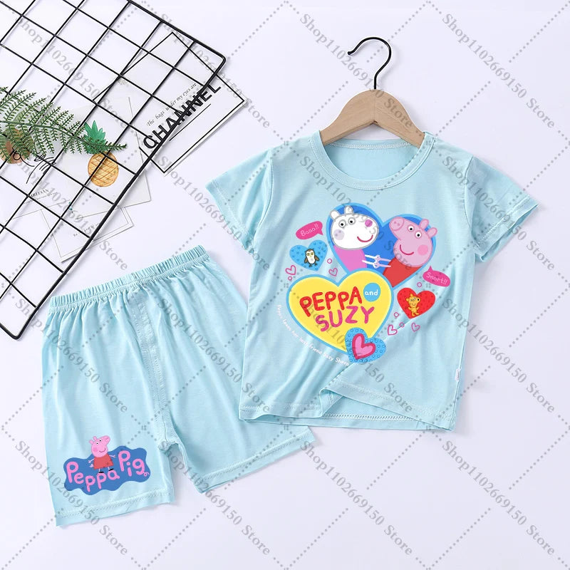 Children Anime Cute Pajama Set Cartoon Peppa Pigs Casual Pajamas Summer Clothing Nightwear Homewear Short Sleeve Loungewear Gift