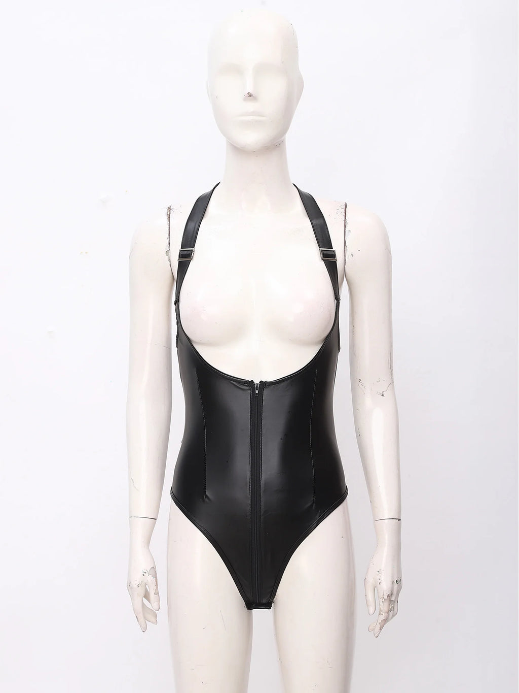 Womens PU Leather Bodysuit Costume Deep Low Neckline Front Zip-up Buttoned Crotch X-back Leotard Lingerie for Night Club Party