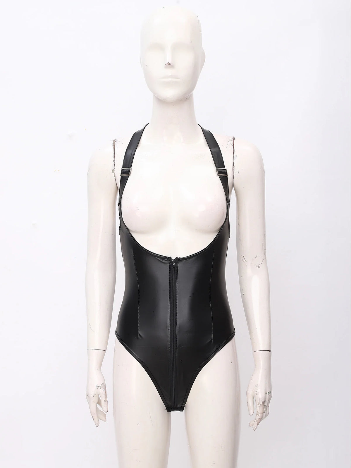 Womens PU Leather Bodysuit Costume Deep Low Neckline Front Zip-up Buttoned Crotch X-back Leotard Lingerie for Night Club Party