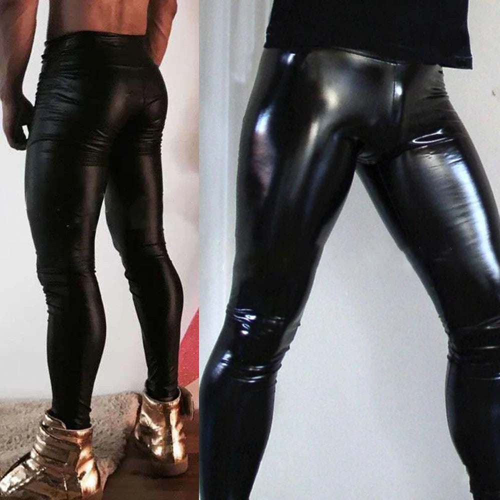 Fashion Men's Wet Look PU Leather Legging Skinny Pouch Pants Party Performance Clubwear Tight Pants Trousers Clothing