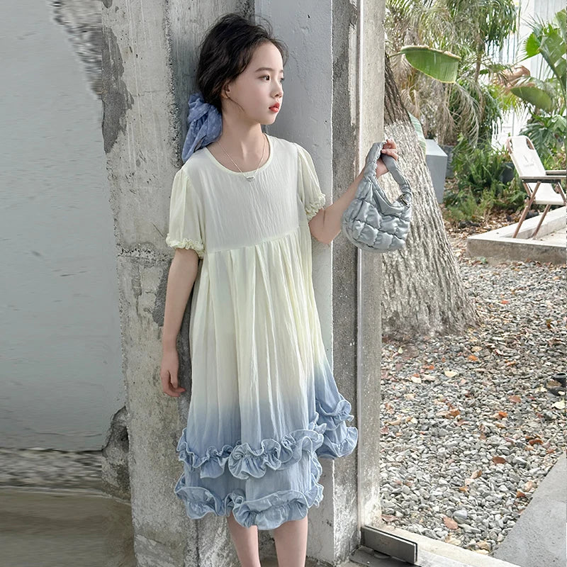 Kids Children Fashion Summer Tie Dye Dress with Ruffles for Girls Casual Tiedye Wedding Dress Size 5 6 7 8 9 10 11 12 13 14