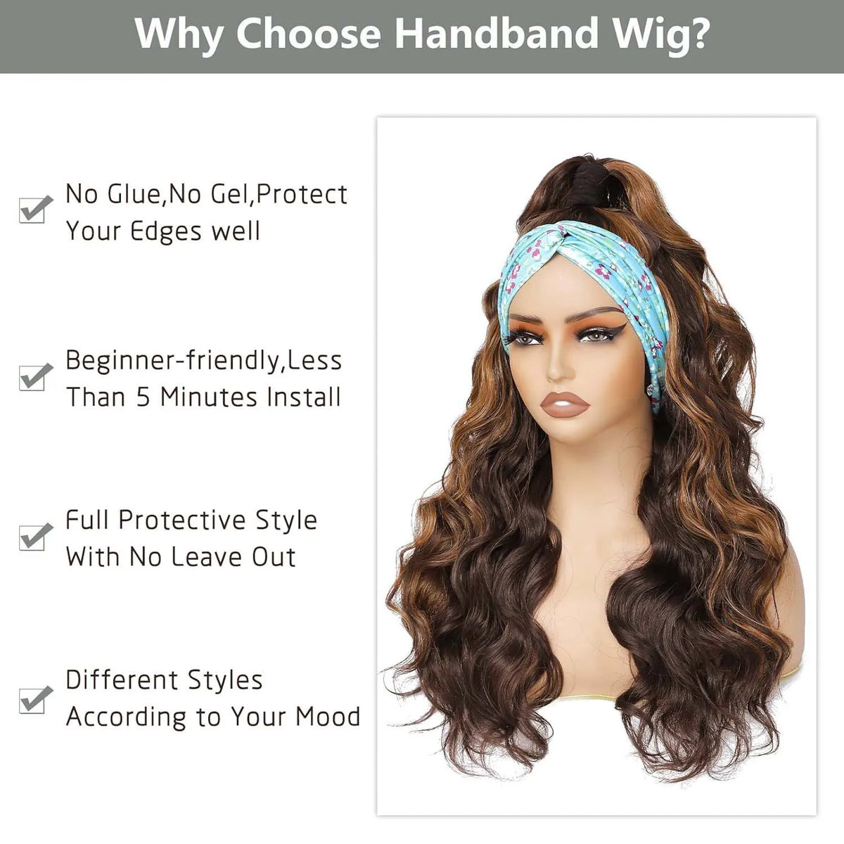 Synthetic Long Wavy Headband Wig for Women Headband Wigs Put On and Go Wig Long Curly Wig for Women Party Daliy Use