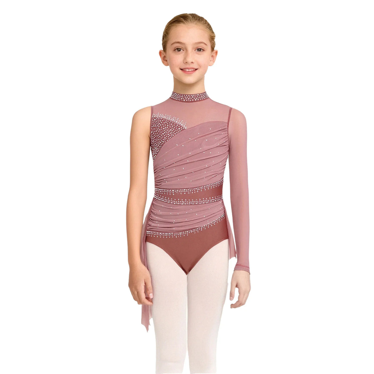 Kids Girls Lyrical Dance Dress Sleeveless Sheer Mesh Patchwork High-Low Hem Ruched Shiny Rhinestone Leotard Dress Ballet Dresses