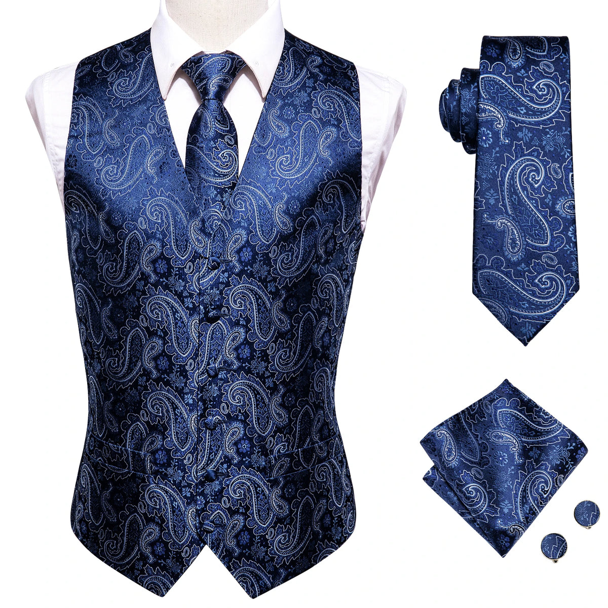Hi-Tie Navy Paisley Dress Vest Set For Men Dark Blue Jacquard Men's Suit Vest Male Waistcoat For Wedding Formal Jacket