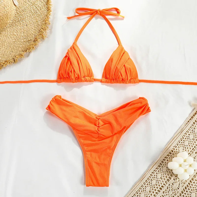 New Women's Bikini Set European and American Solid Color Sexy Pleated Bikini Beach Bikini Pool Bikini