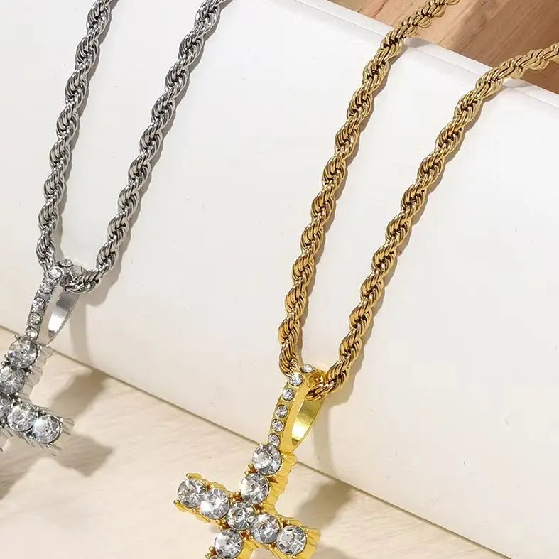 Cross Necklace for Men Gold Necklace for Women Cross Jewelry Silver Plated Solid Iced Cubic Zirconia Stainless Steel Pendant
