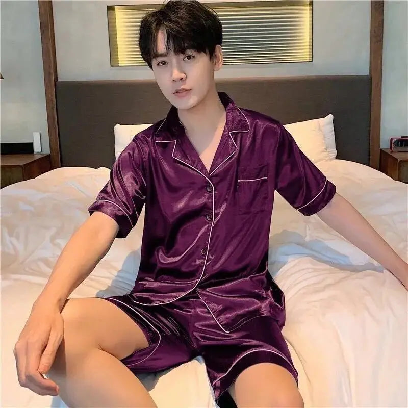 KIDWHXR Man Pajama Set Summer Single-breasted Shirt Male Loose Straight Shorts Men Ice Silk Comfortable 2-piece Sleepwear Outfit