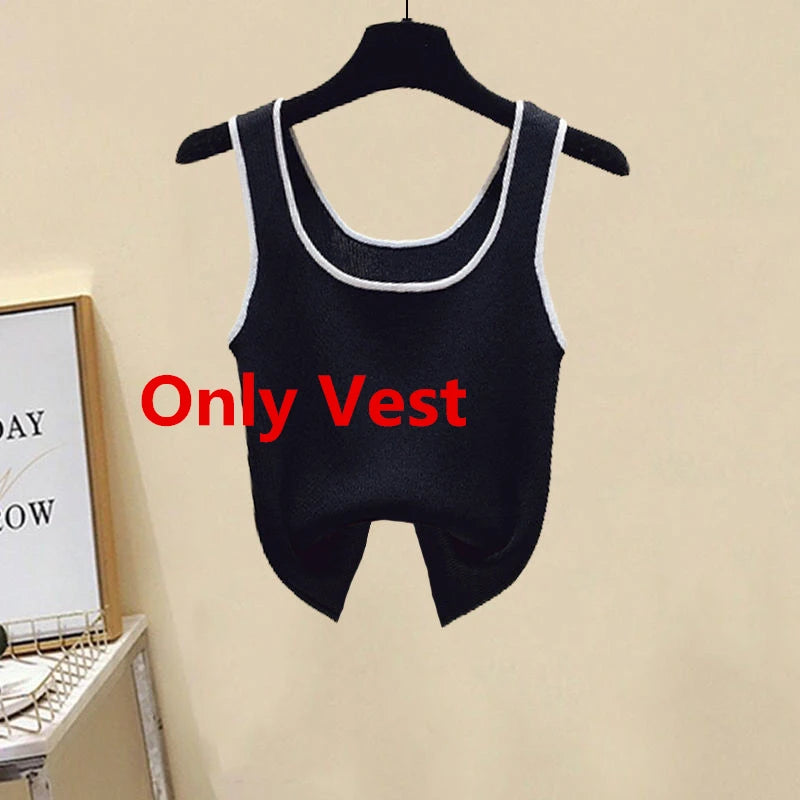 Spring Summer Casual Women Clothing 2024 Lady Loose Shirt Vest Tops Cross Letter Waist Black Straight Trousers 3 Pcs Set Outfits