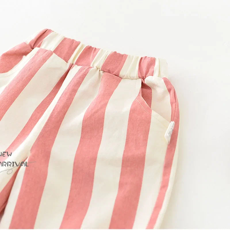 Autumn New Boy Girl Children Loose Striped Casual Pants Baby Pockets Fashion Pants Kid Outdoor Cotton Trousers Toddler Costume