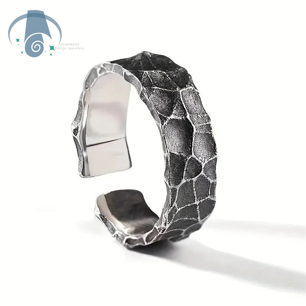 Mens Vintage Ring With Antique Cracked Finish Adjustable Open Band Hammered Texture Style Minimalist Jewelry Design Gift for Him