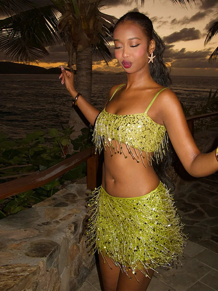 Sexy Beach Tassel Skirts Outfits Women Sequin Backless Sleeveless Shiny Ibiza Sets Female 2025 Spring Summer Chic Festival Suit