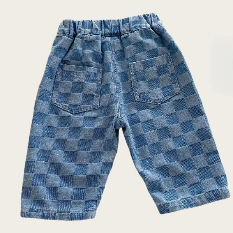 0-5 Y Little Kids Girls Boys Pants Korean Children's Clothes 2026 Cotton Checkered Soft Denim Jeans Stylish Comfortable Trousers