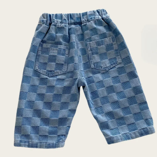 0-5 Y Little Kids Girls Boys Pants Korean Children's Clothes 2026 Cotton Checkered Soft Denim Jeans Stylish Comfortable Trousers