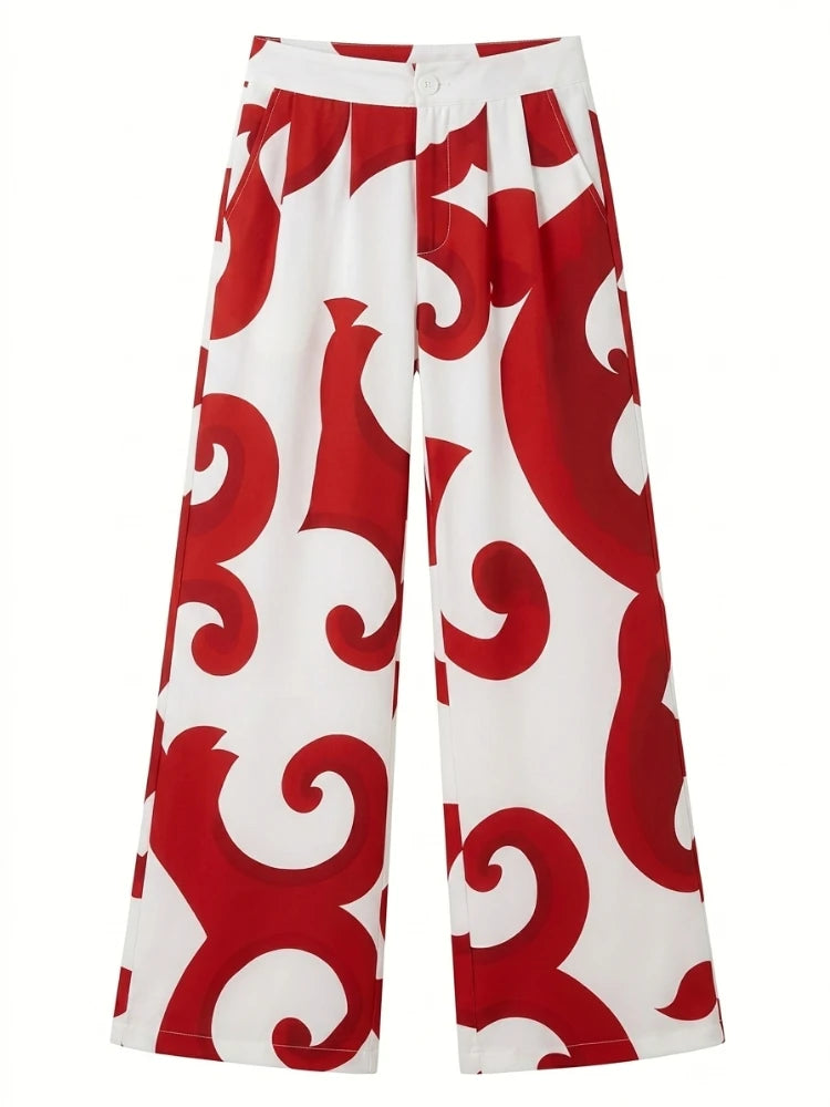 Bonboho Women's Boho Red White Abstract Swirl Print Pants High Waisted Pleated Wide Leg Trousers 2026 Vacation Outfit for Summer