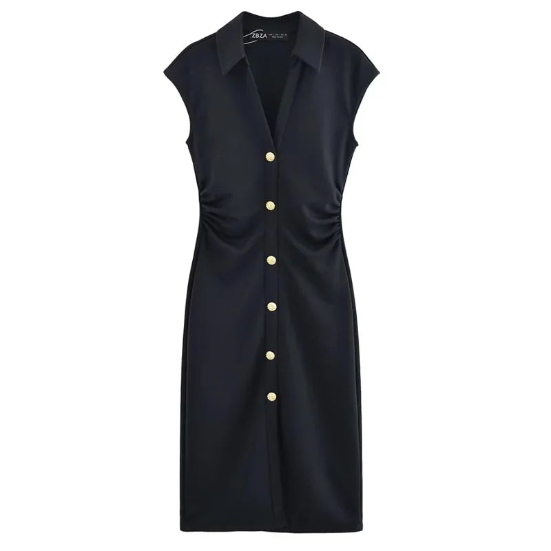 HXAO Sleeveless Solid Long Dresses 2025 Woman Summer Ruched Elegant Party Dresses Bodycon Shirt Midi Dress Office Holiday Dress