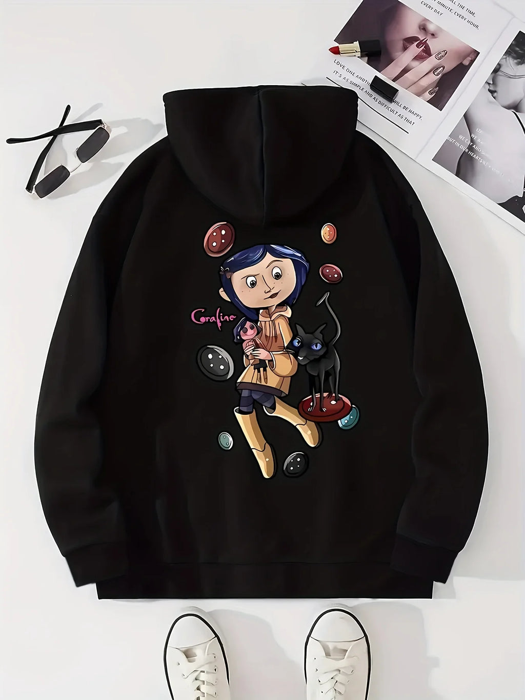 Coraline Themed Cartoon Character Print Hoodie for Women Casual Fashion Casual HipHop Sweatshirt Harajuku Unisex